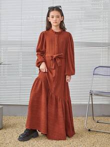 SHEIN 少女鬆身復古風額外長綁帶腰帶連身裙 - 卡其色 - 查看 3