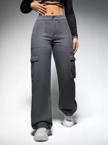 SHEIN ICON Women's Loose Fit Denim Jeans With Flap Side Pockets - Dark Grey - View 6
