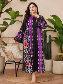 Al Najma Plus Size Geometric Print Bell Sleeve Dress
