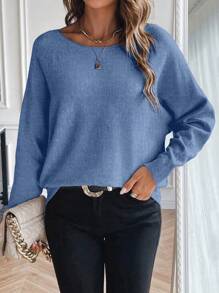 SHEIN LUNE Suéter de cuello redondo de manga larga de punto para otoño e invierno - Azul - Ver 3