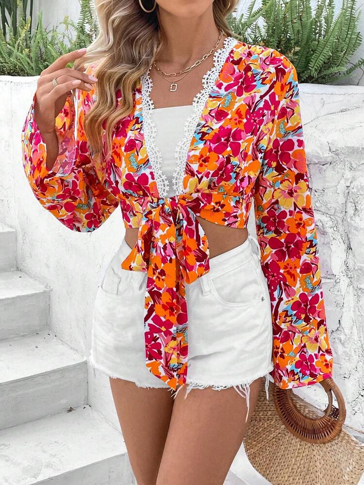 Women'S Floral Printed Lace Patchwork Shirt