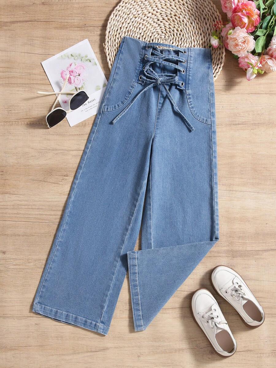Pantalones De Mezclilla Con Correas Cruzadas De Color Sólido Para Chicas Preadolescentes - Lavado ligero - Ver 1