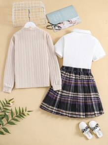 SHEIN Explorewe Conjunto de niña preadolescente con chaqueta con doble bolsillo y abotonadura, falda plisada a cuadros y blusa de manga corta con lazo - Blanco - Ver 2