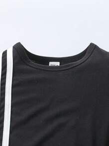 SHEIN Bộ 2 món/Bộ quần áo thun sọc tay ngắn cho bé trai và quần dài - màu đen - Xem 6