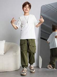 SHEIN 2pcs Teen Boys' Loose Fit Casual Woven Vest With Pockets, Tapered Leg Pants Set, Workwear Pockets, Oversized, Korean-Japanese Style, Simple & Versatile - Army Green - View 6