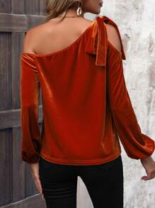 SHEIN LUNE Áo Sơ Mi Nữ Dài Tay Cổ Bất Đối Xứng - Rỉ Nâu - Xem 2