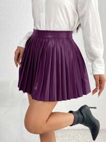 SHEIN PETITE 女式純色百褶迷你裙 - 紫色 - 查看 3