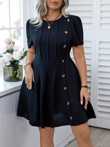 Calvaya Plus Size Solid Color Dress With Button Detailing - Black - View 1