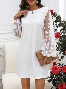 SHEIN LUNE 女性休閒網紗燈籠袖連心形裝飾連衣裙 - 白色 - 查看 5