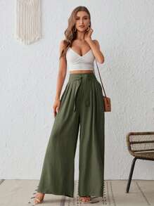 SHEIN VCAY Của phụ nữ Màu thuần Quần ống rộng - màu xanh lá - Xem 6