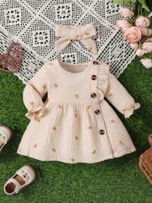 SHEIN Baby Girls' Simple & Cute Plant Printed Dress - Apricot - View 1