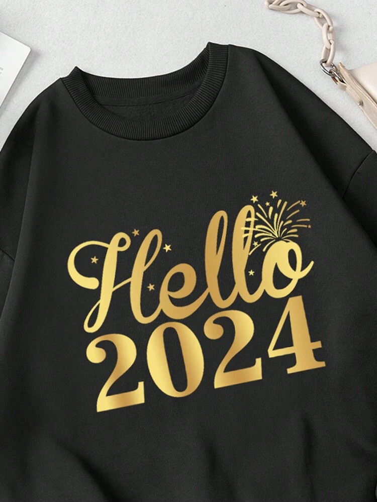Women's Plus Size Letter Printed Drop Shoulder Fleece Sweatshirt Pullover Fall