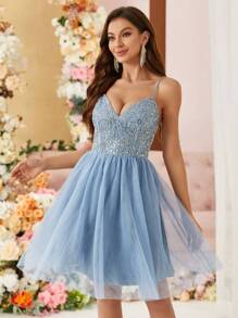 SHEIN Belle Sequin Patchwork Backless Mesh Strap Cocktail Party Dress - Blue - View 1