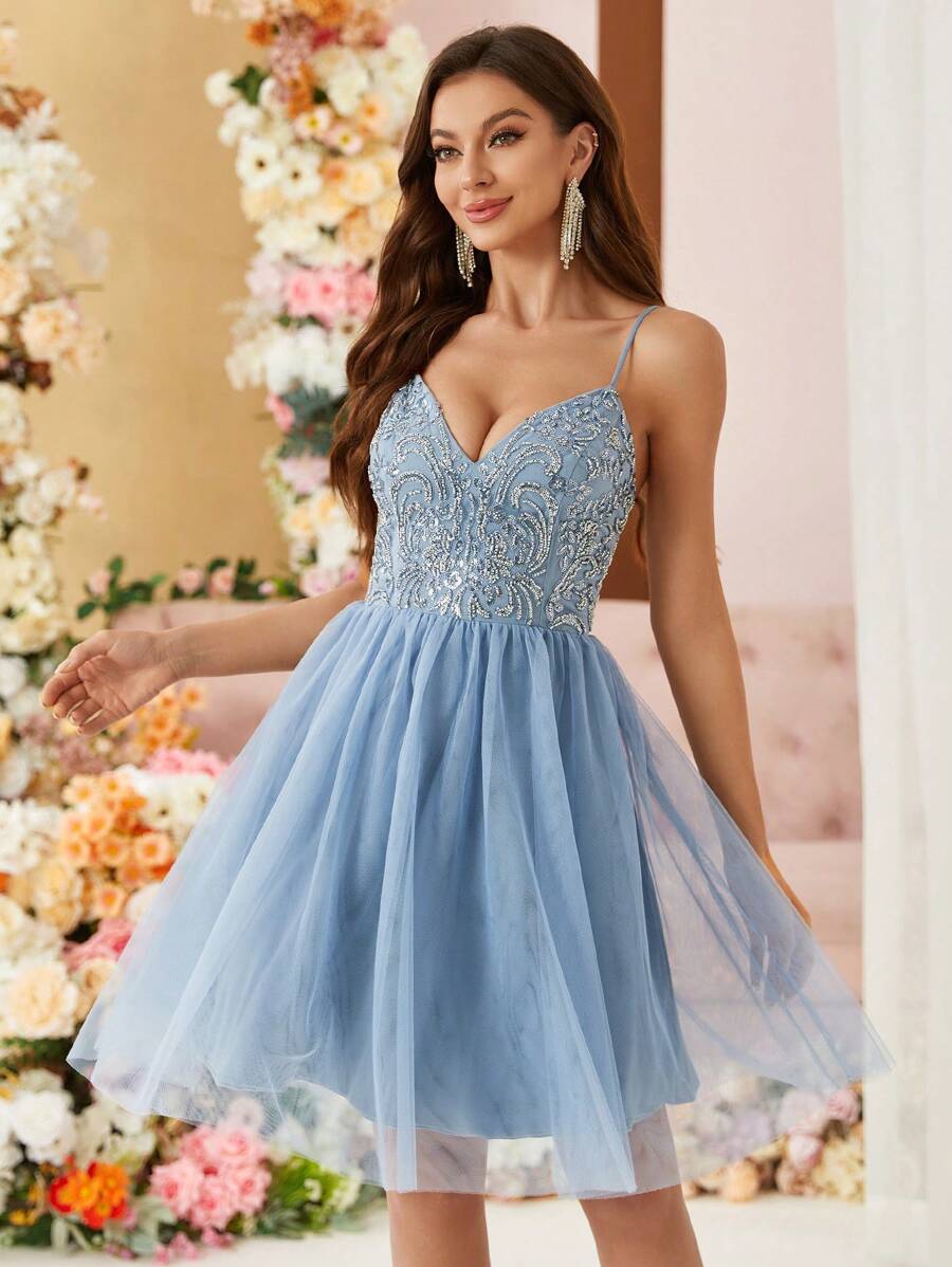 SHEIN Belle Sequin Patchwork Backless Mesh Strap Cocktail Party Dress - Blue - View 1