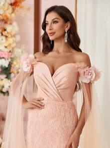 SHEIN Belle Manches Épaules Dénudées, Croix Sur La Poitrine, Sangle Arrière, Embellissement Floral 3d, Tissu Tulle Orné De Satin, Ourlet Fendu, Petit Train, Robe De Soirée - Vieux Rose - Voir 10