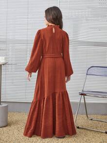 SHEIN 少女鬆身復古風額外長綁帶腰帶連身裙 - 卡其色 - 查看 2