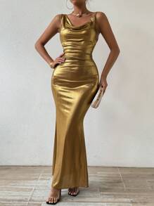 Rafferiza Women's Draped-Neck Mermaid Style Dress For New Year Holiday Party Clothes Maxi Women Outfit - Gold - View 2