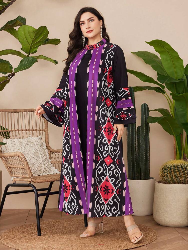 Plus Size Geometric Print Bell Sleeve Dress Kaftan Jalabiya Dress