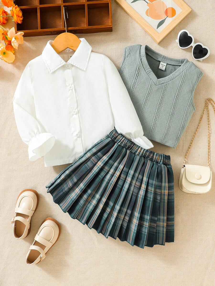 SHEIN 幼兒女孩背心、襯衫與百褶裙套裝 - 彩色 - 查看 1