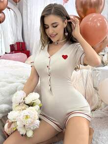 Heart Embroidery Contrast Binding Romper For Home Wear - Apricot - View 4