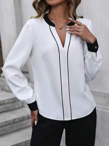 Editum Women'S Color Block Stripe Notch Collar Shirt Work Women Shirts,Long Sleeve Tops - Black and White - View 4