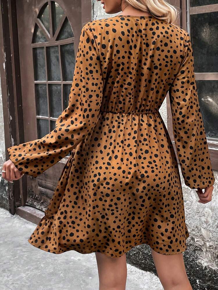 Women'S Polka Dot Print Dress With Knot Tie Neck, Lantern Sleeve And Ruffle Hem