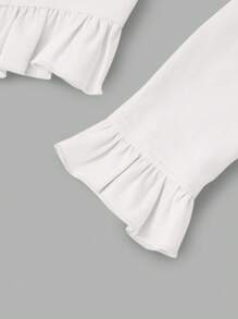 SHEIN MOD Của phụ nữ Màu thuần Chân của tay áo cừu Đứng cổ áo Xù Hoa Sen Áo sơ mi - trắng - Xem 4
