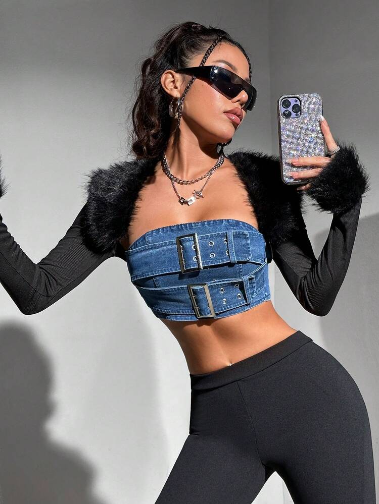 Women's Casual Strapless Denim Mini Top With Tight Fit, Button Closure