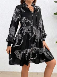 SHEIN Franclia 大尺碼豹紋領結燈籠袖裙 - 彩色 - 查看 5