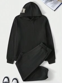 SHEIN Cottnline Men'S Letter Printed Hooded Sweatshirt And Sweatpants Set - الأسود - مشاهدة 1