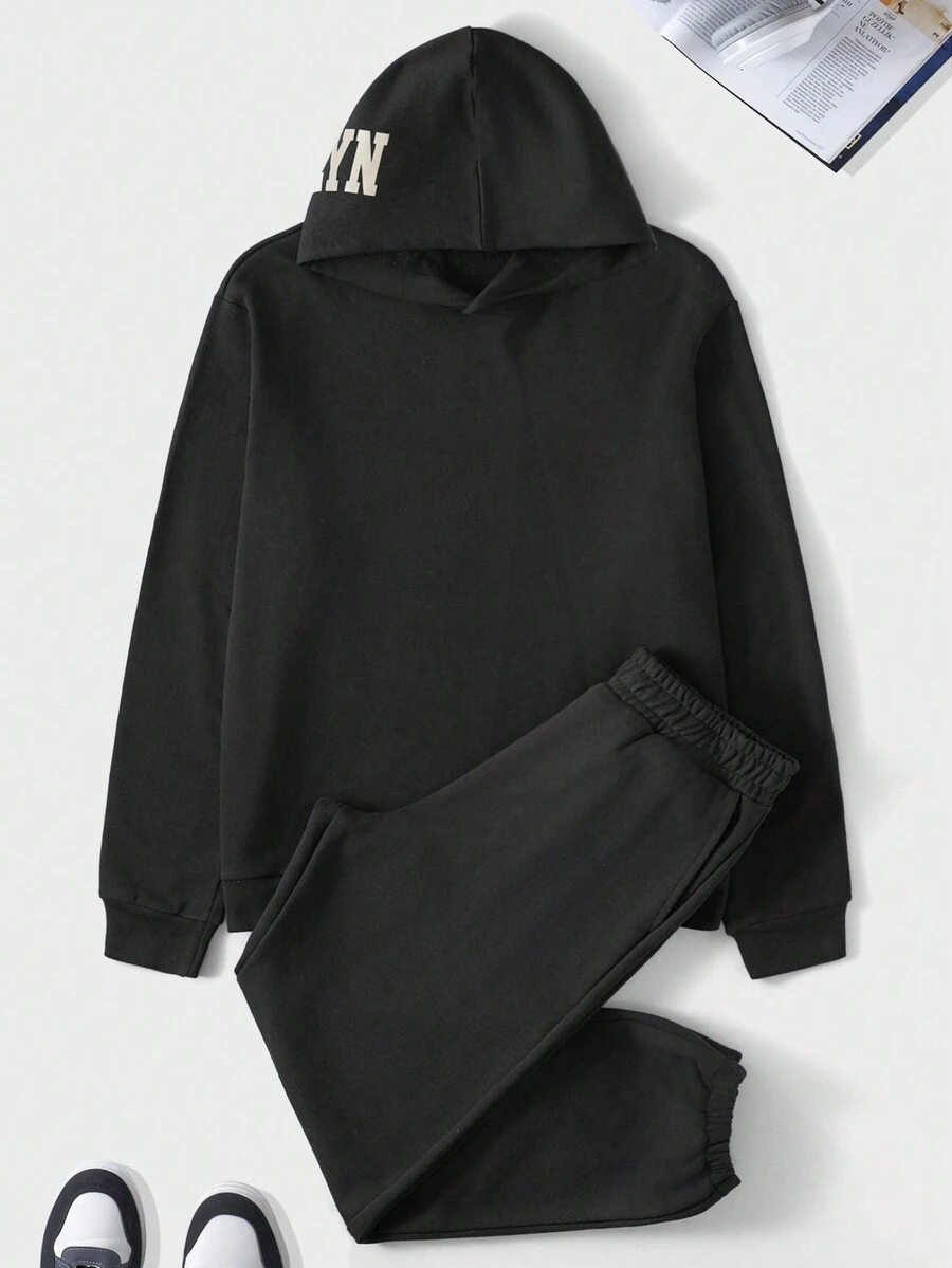 SHEIN Cottnline Men'S Letter Printed Hooded Sweatshirt And Sweatpants Set - الأسود - مشاهدة 1