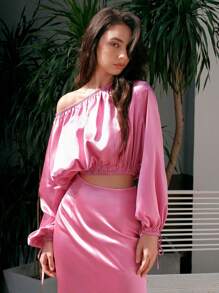 Anewsta Crop Satin Top With Lantern Sleeves And Skirt Set - Pink - View 6