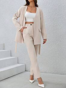 SHEIN ChicEase 女士純色西裝套裝 - 杏色 - 查看 3