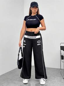 SHEIN EZwear Kích thước lớn Chữ cái In Màu sắc Chặn Cán Hem Quần - màu đen - Xem 3