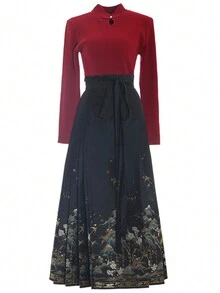 Slim Fit Long Sleeve Sweater Top, Suitable As Base Layer For Hanfu Chinese Traditional Wear, Fall/Winter - Red - View 5