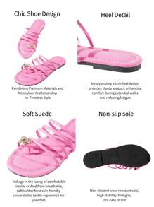 女士休闲时尚加大码平底人字拖凉鞋，圆头，蝴蝶结细节，一扣弹力一脚蹬 - 粉色 - 查看 4