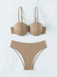 SHEIN Swim Solid Color Steel Support Push Up Separated Bikini Set Summer Beach - Khaki - View 6