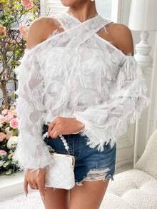 SHEIN Privé 中空切割肩膀燈籠袖毛茸茸襯衫 - 白色 - 查看 4