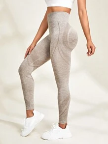 Yoga Basic 高彈無縫運動緊身褲 - 卡其色 - 查看 3