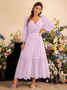 Simplee Women's V-Neck Puff Sleeve Mesh Embroidery Dress - Mauve Purple - View 4