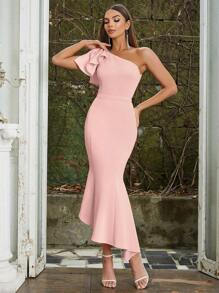 Đầm trễ vai nữ đơn giản và gợi cảm có nơ trang trí Bodycon Váy dài nàng tiên cá - Hồng - Xem 1