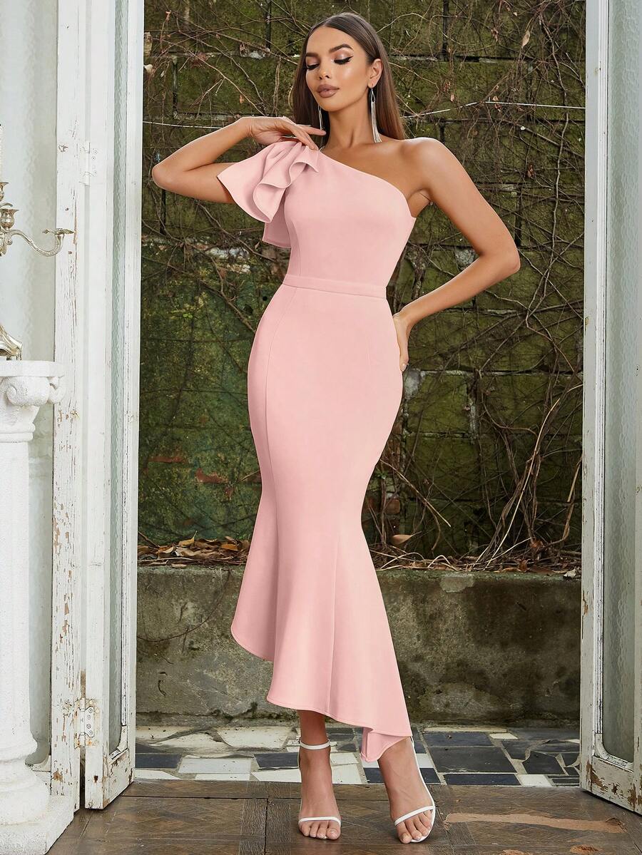 Đầm trễ vai nữ đơn giản và gợi cảm có nơ trang trí Bodycon Váy dài nàng tiên cá - Hồng - Xem 1