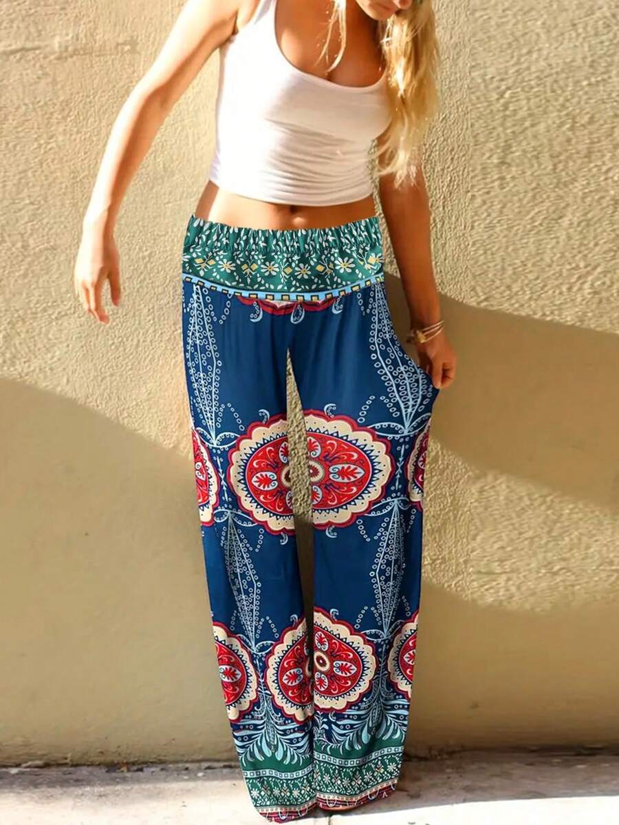 Plus Size Flower Print Casual Pants - Multicolor - View 1