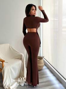 SHEIN SXY 新年女裝性感微喇女士套裝 - 棕色 - 查看 2