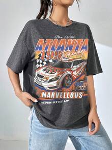 SHEIN EZwear 字母和汽車圖案印花圓領t恤 - 深灰色 - 查看 3