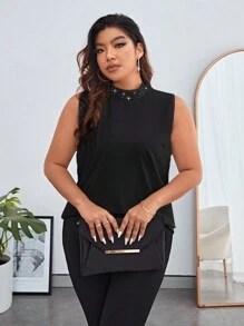 SHEIN Privé 大尺碼女露背翻領無袖襯衫 - 黑色 - 查看 6