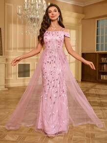 Glitter Mesh Splicing Formal Evening Gown - Pink - View 3