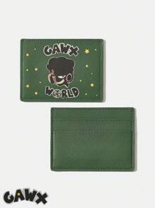 GAWX Fashionable Thin Green Card Holder With Letter & Cartoon Character Print - Dark Green - View 1