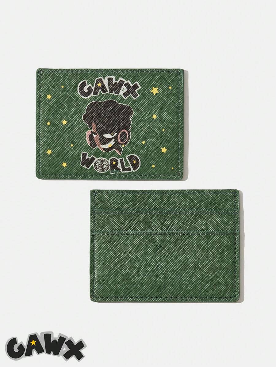 GAWX Fashionable Thin Green Card Holder With Letter & Cartoon Character Print - Dark Green - View 1