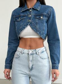 EURMUSE Women's Ultra Short Asymmetrical Hem Denim Jacket - Blue - View 4